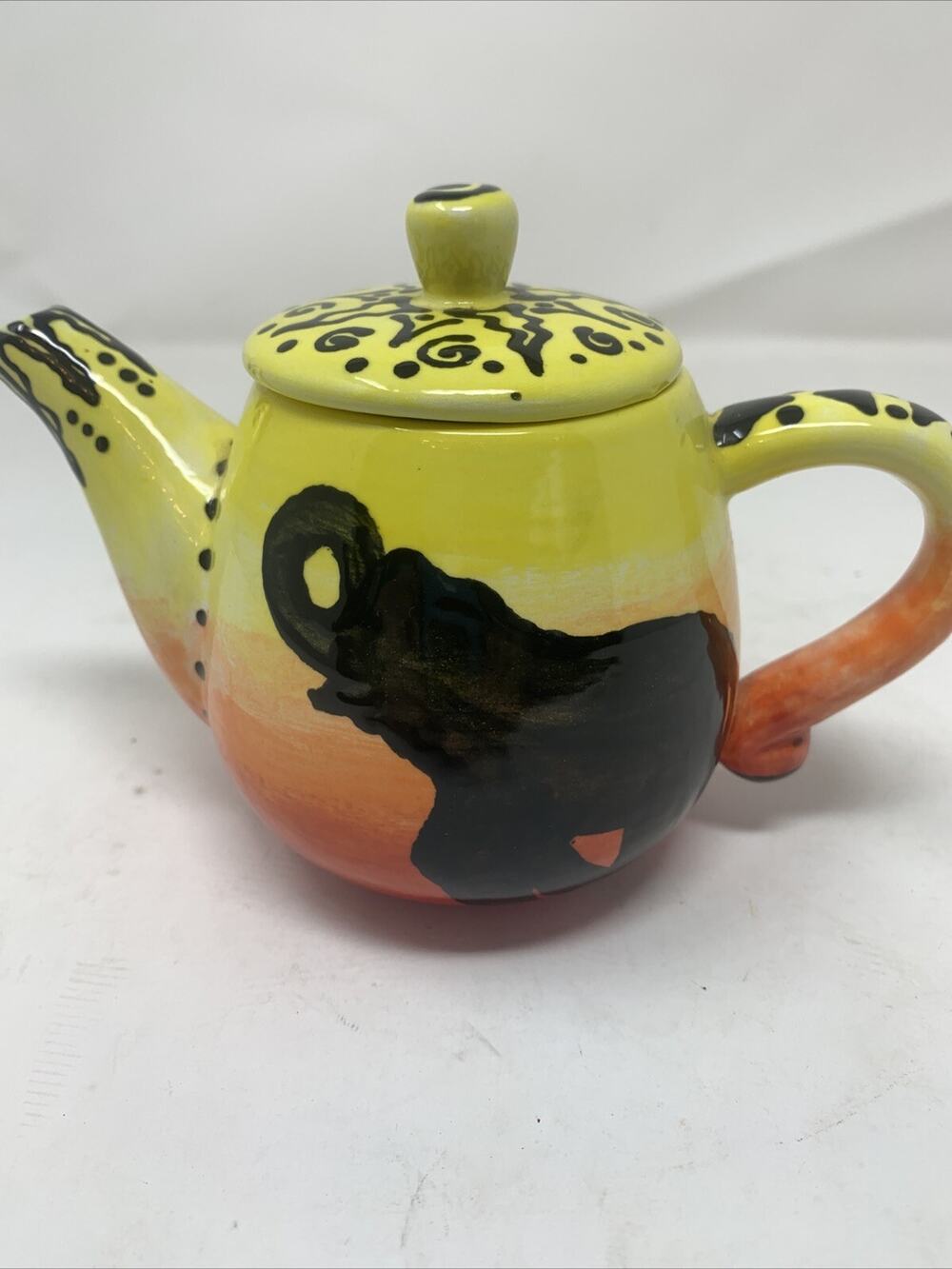 Teapot Handpainted Style Like Yayoi Kusama Orange/yellow Elephant & Tree